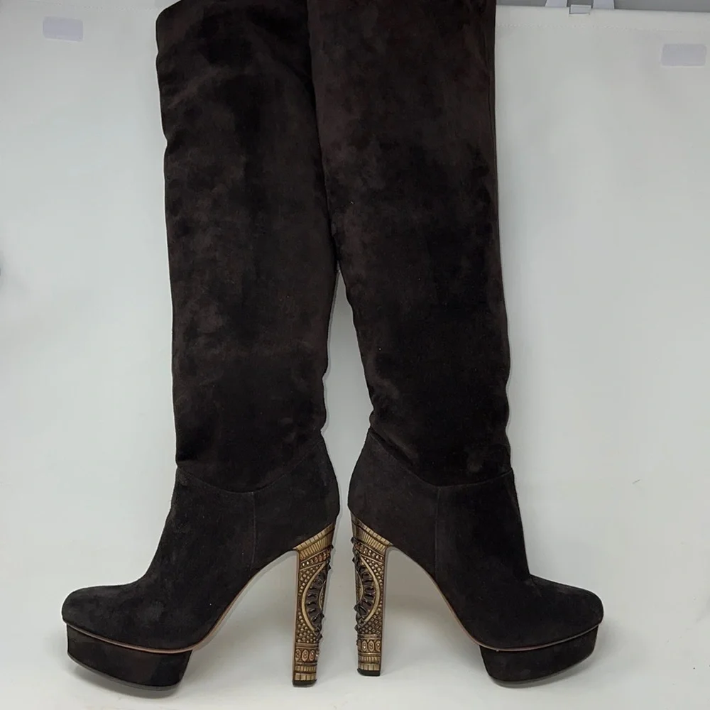 Le Silla 39/US 9 Brown Suede Metal Crystal Embellished Platform Tall Boots
